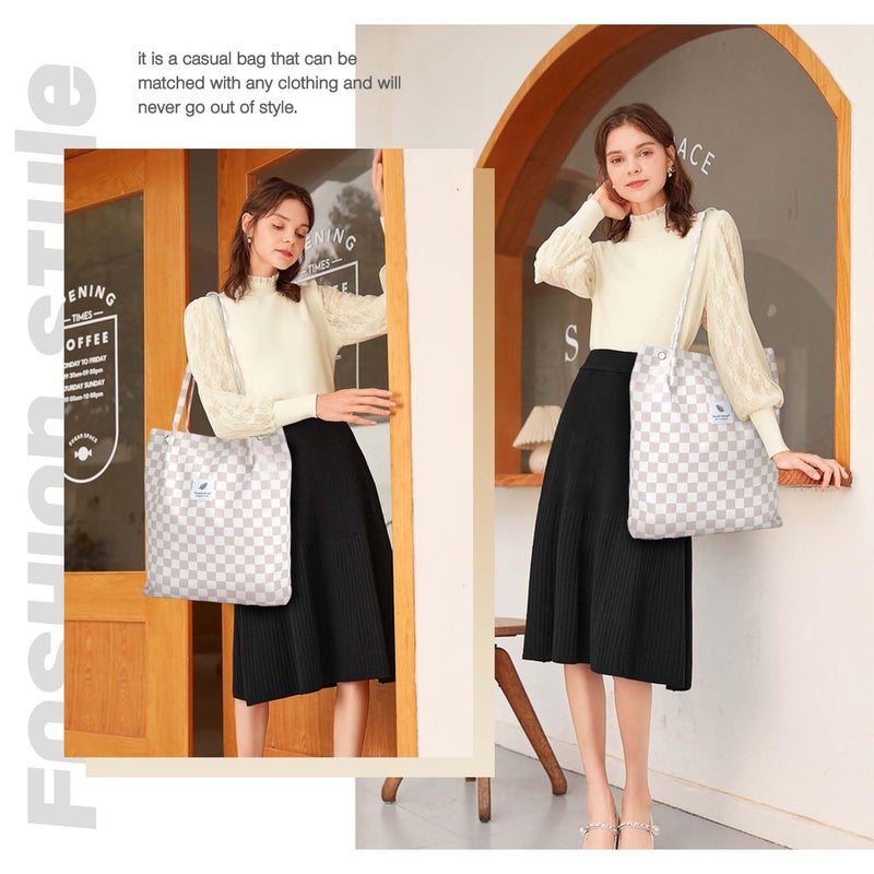LHMTQVK Corduroy Tote Bags for Women  Large Capacity Corduroy Bag Reusable Grocery Shoulder Bag with Inner Pockets(Beige checkerboard) - Image 5